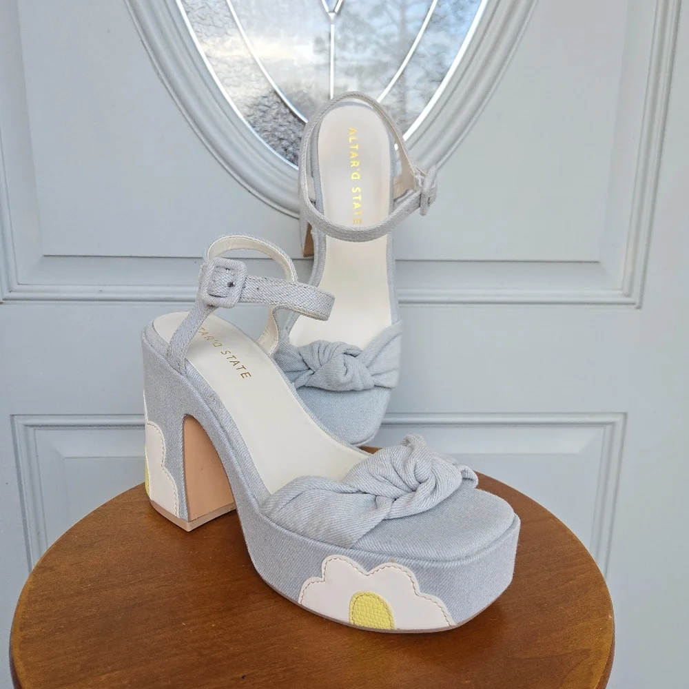 Light Blue Denim Platform Sandals with Yellow Daisy Accent